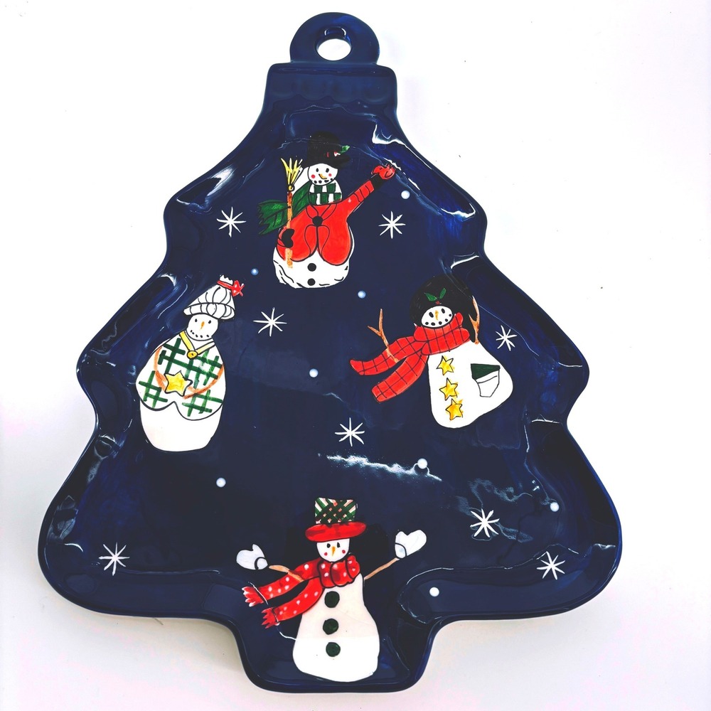 Vitg  Navy Blue Snowman Christmas Tree Ceramic Serving Tray Ornament Whimsical